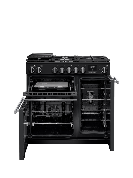 Rangemaster Professional + PR90DFPGBL/CM1 90cm Dual Fuel Range Cooker with Gas Hob, Black - view 2, Black