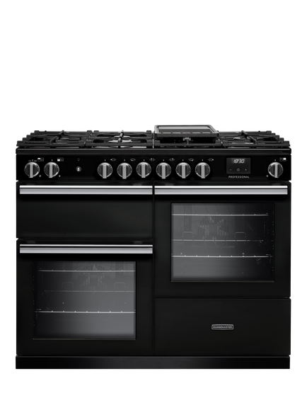 Rangemaster Professional + PRO110DFPGBL/CM1 110cm Dual Fuel Range Cooker with Gas Hob, Black, Black