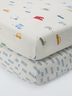 John Lewis Animal Transport Fitted Baby Sheet, Pack of 2, Cotbed (70 x 140cm), Multi