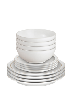 Denby Cotton White Stoneware Dinnerware Set, 12 Piece, White Off White