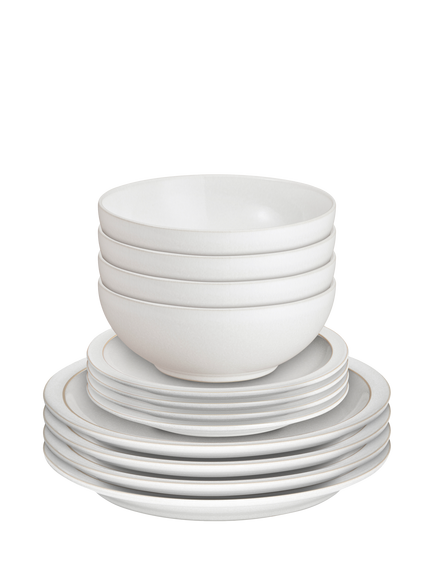 Denby Cotton White Stoneware Dinnerware Set, 12 Piece, White Off White