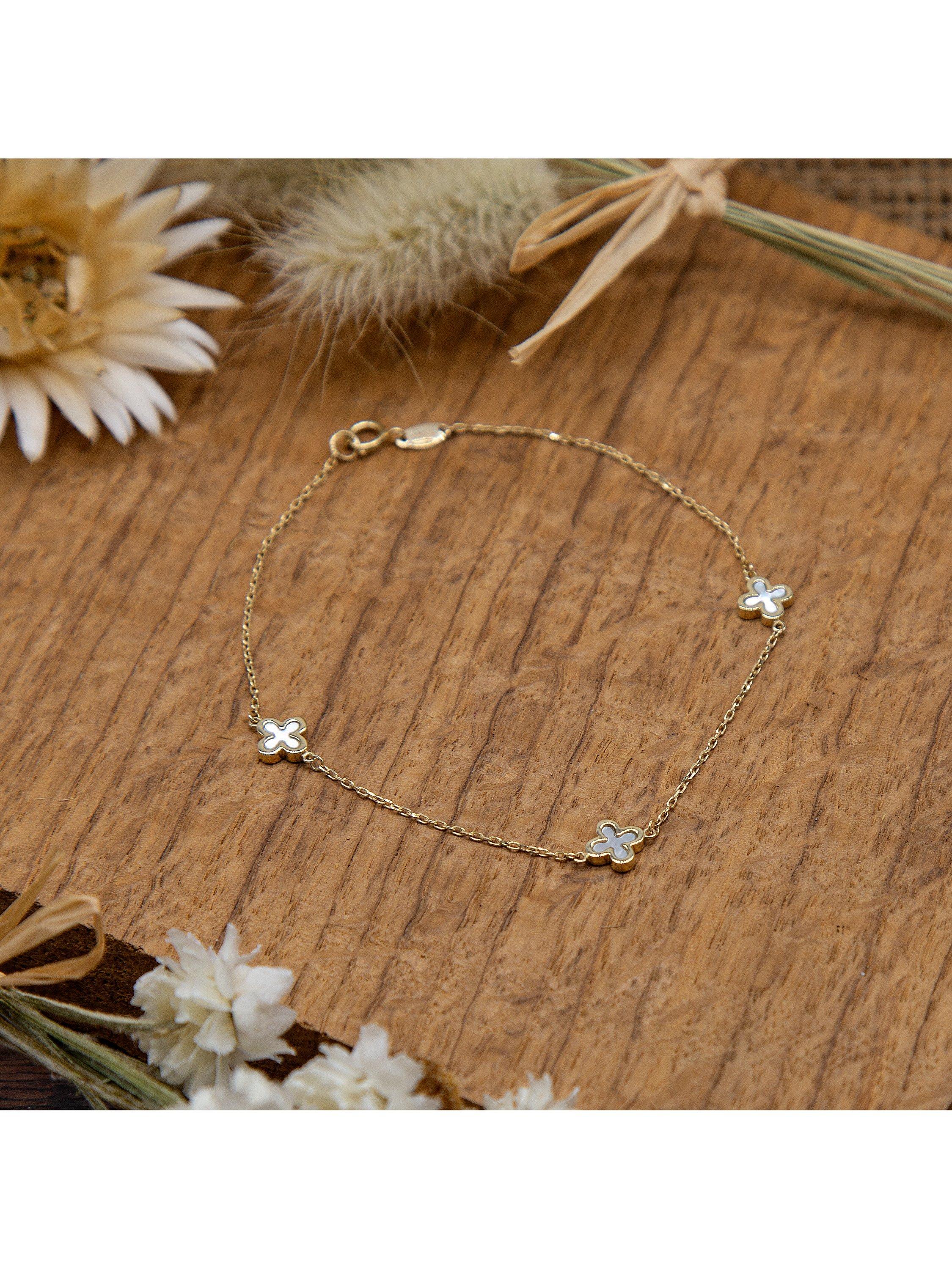 Product image 3 of 6, which shows IBB 9ct Gold Mother of Pearl Clover Petal Bracelet, Gold