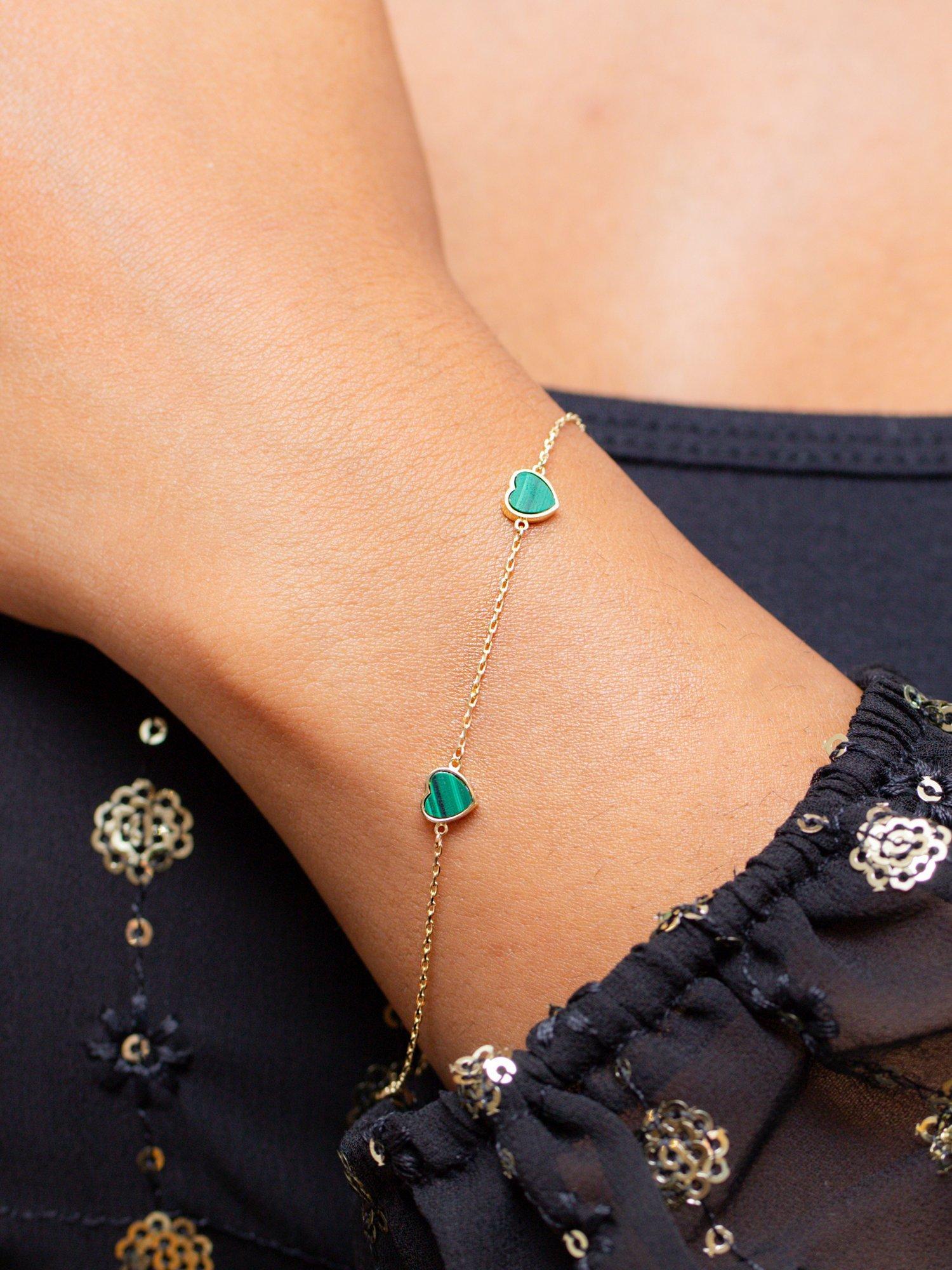 Product image 4 of 5, which shows IBB 9ct Gold Malachite Heart Petal Chain Bracelet, Gold