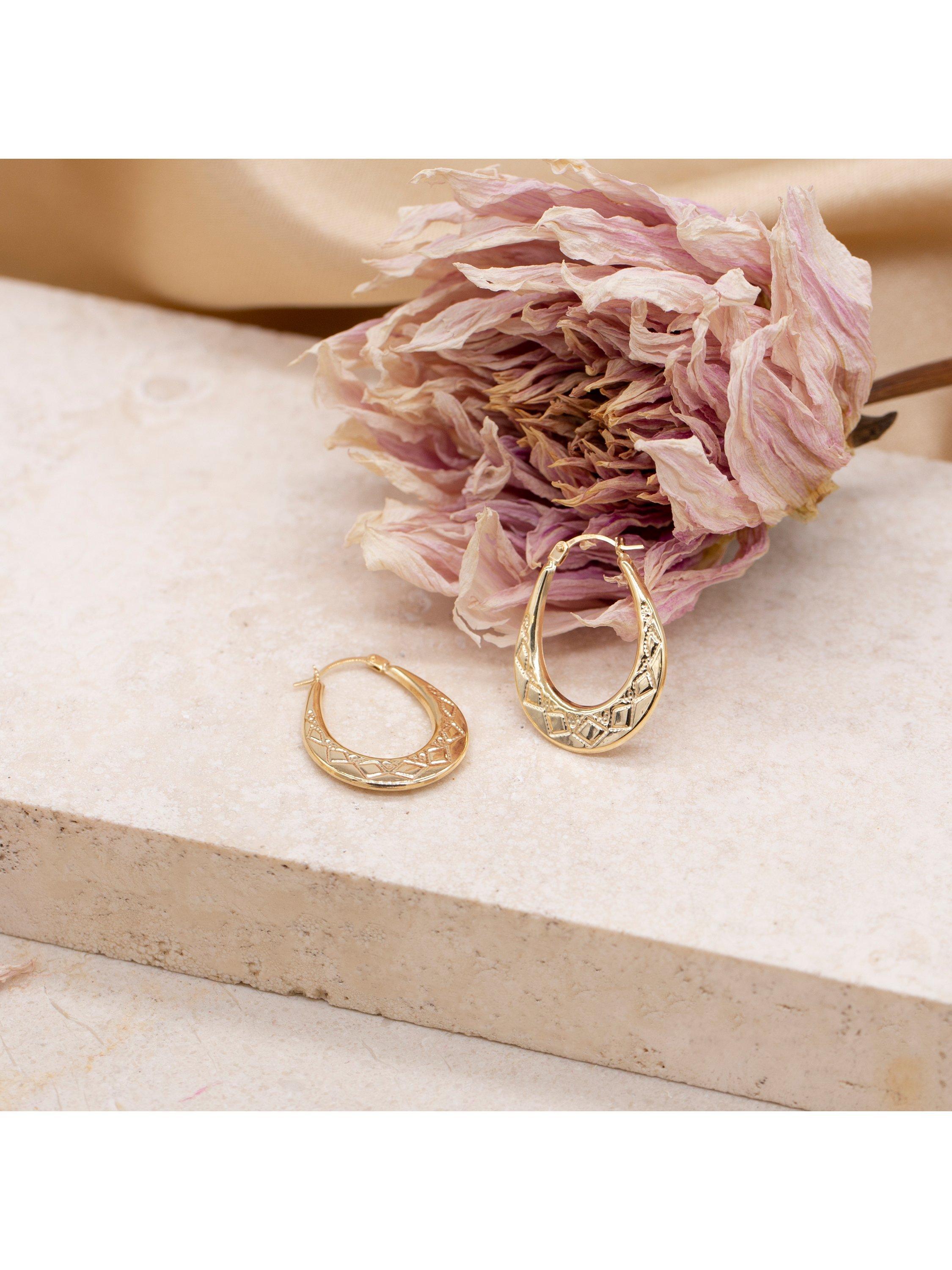Product image 2 of 5, which shows IBB 9ct Gold Pattnered Creole Oval Earrings, Gold