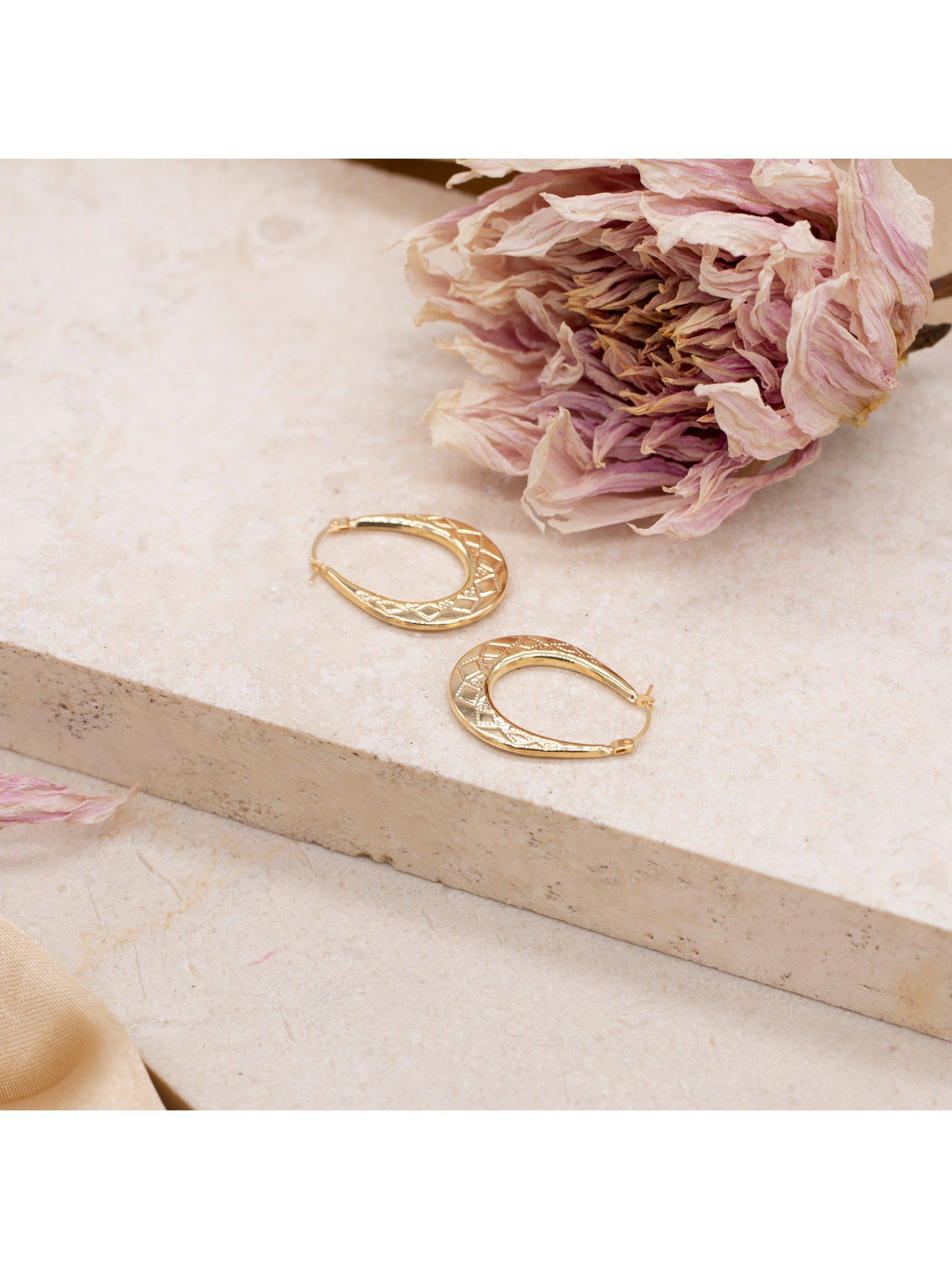 Product image 3 of 5, which shows IBB 9ct Gold Pattnered Creole Oval Earrings, Gold