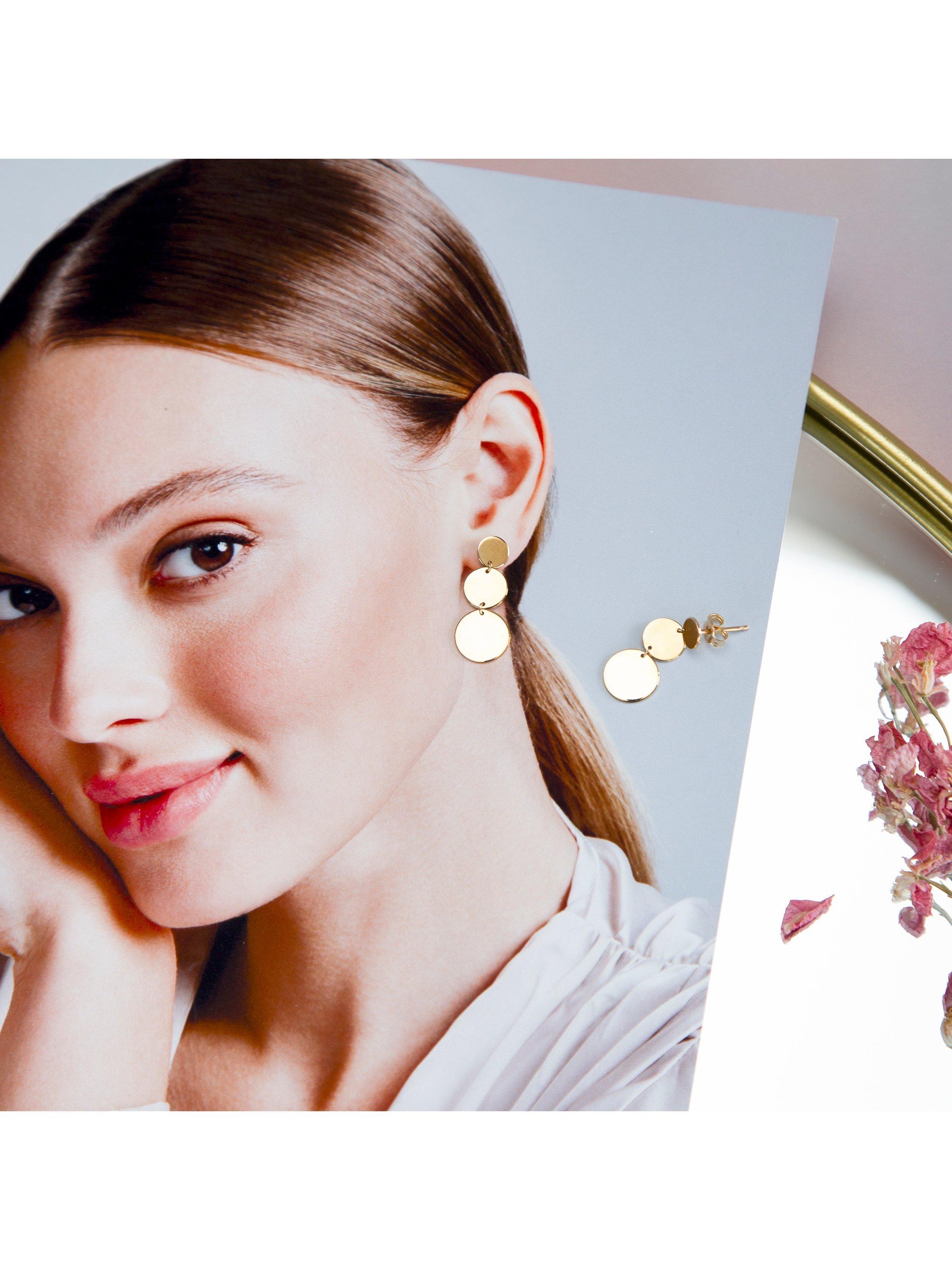 Product image 3 of 4, which shows IBB 9ct Gold 3 Graduated Disc Drop Earrings, Gold