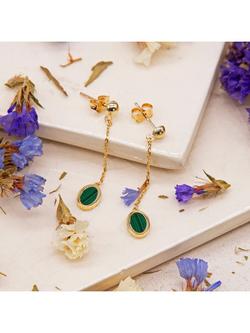 IBB 9ct Gold Oval Malachite Chain Drop Stud Earrings, Gold - view 2, Gold