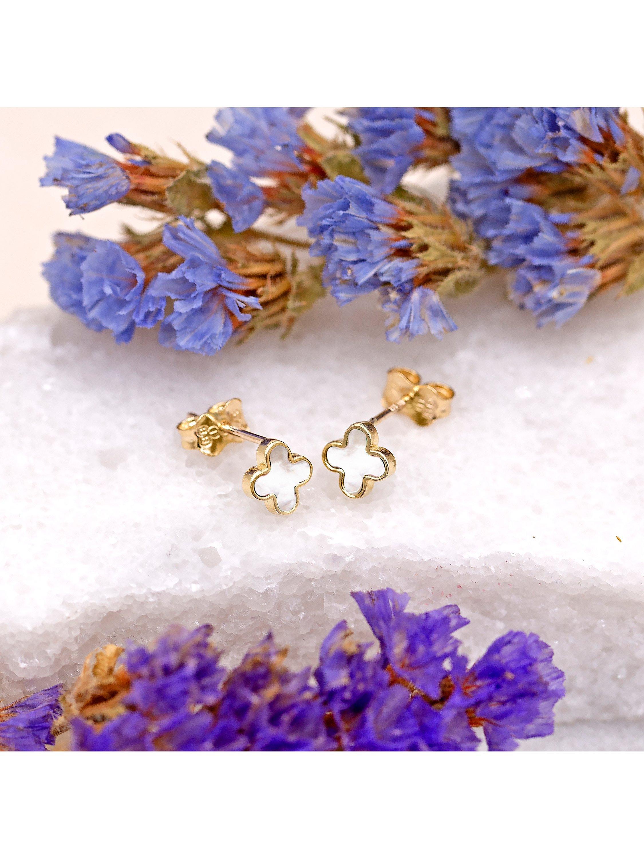 Product image 3 of 5, which shows IBB 9ct Gold Mother of Pearl Clover Petal Stud Earrings, Gold