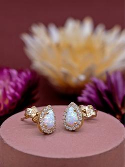 IBB 9ct Gold Cubic Zirconia Halo Opal Teardrop Stud Earrings, Gold - view 2, Gold