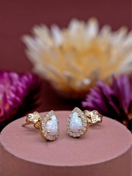 IBB 9ct Gold Cubic Zirconia Halo Opal Teardrop Stud Earrings, Gold - view 2, Gold