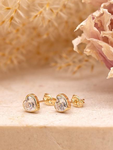 IBB 9ct Gold Cubic Zirconia Heart Stud Earrings, Gold - view 2, Gold