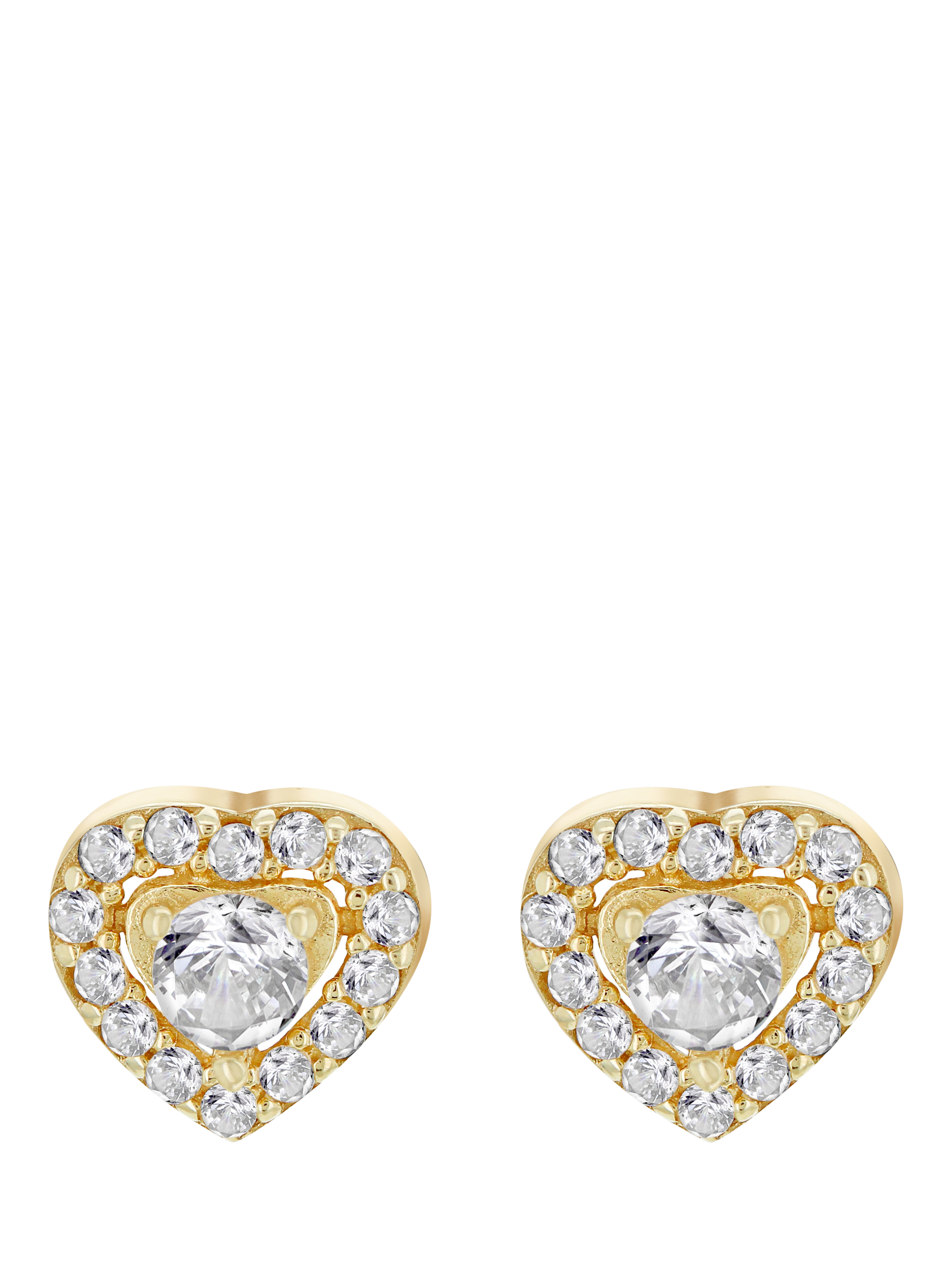Product image 1 of 6, which shows IBB 9ct Gold Cubic Zirconia Halo Heart Stud Earrings, Gold