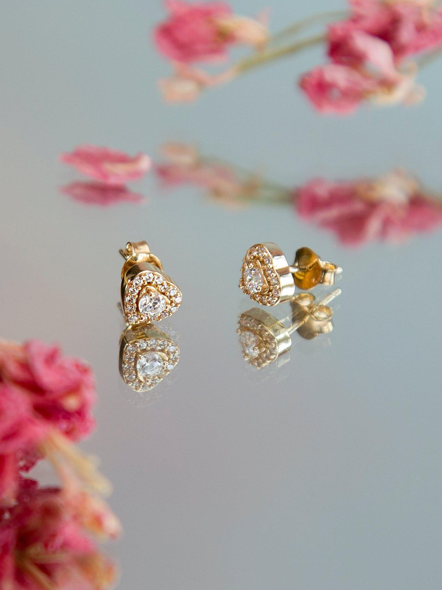 Product image 3 of 6, which shows IBB 9ct Gold Cubic Zirconia Halo Heart Stud Earrings, Gold