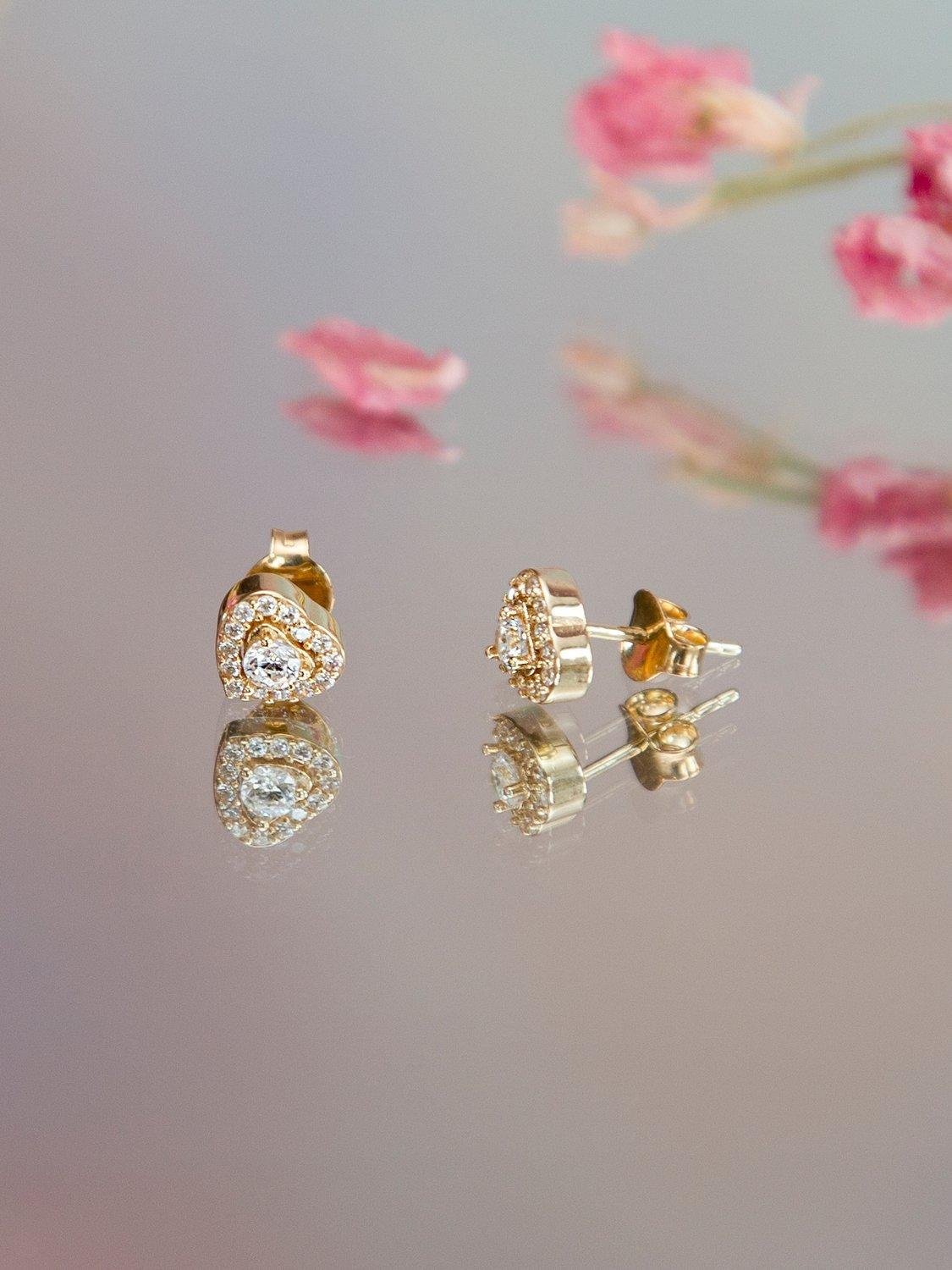 Product image 4 of 6, which shows IBB 9ct Gold Cubic Zirconia Halo Heart Stud Earrings, Gold