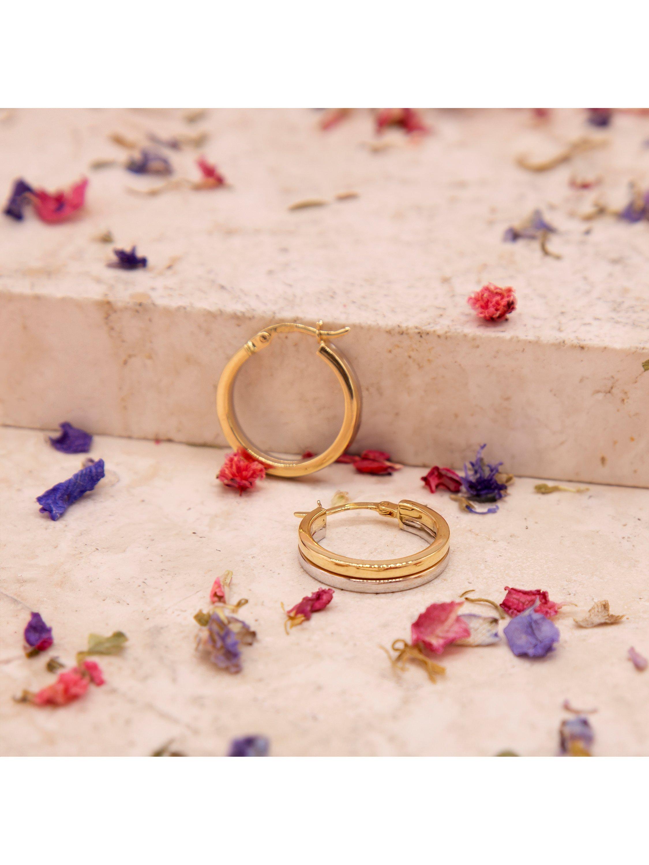 Product image 2 of 5, which shows IBB 18ct Two-Tone Gold Double Line Band Hoop Earrings, Gold/Silver
