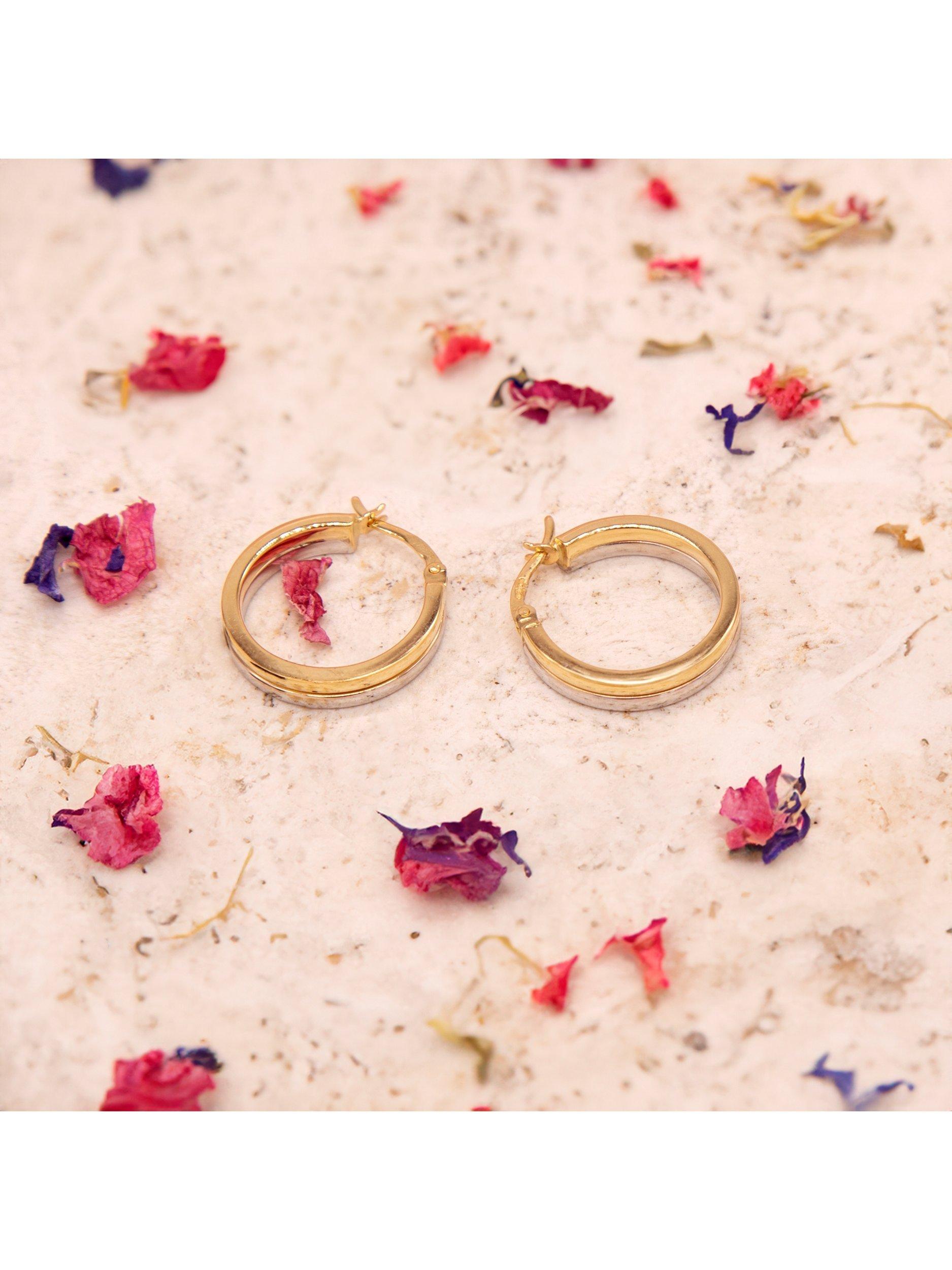 Product image 3 of 5, which shows IBB 18ct Two-Tone Gold Double Line Band Hoop Earrings, Gold/Silver