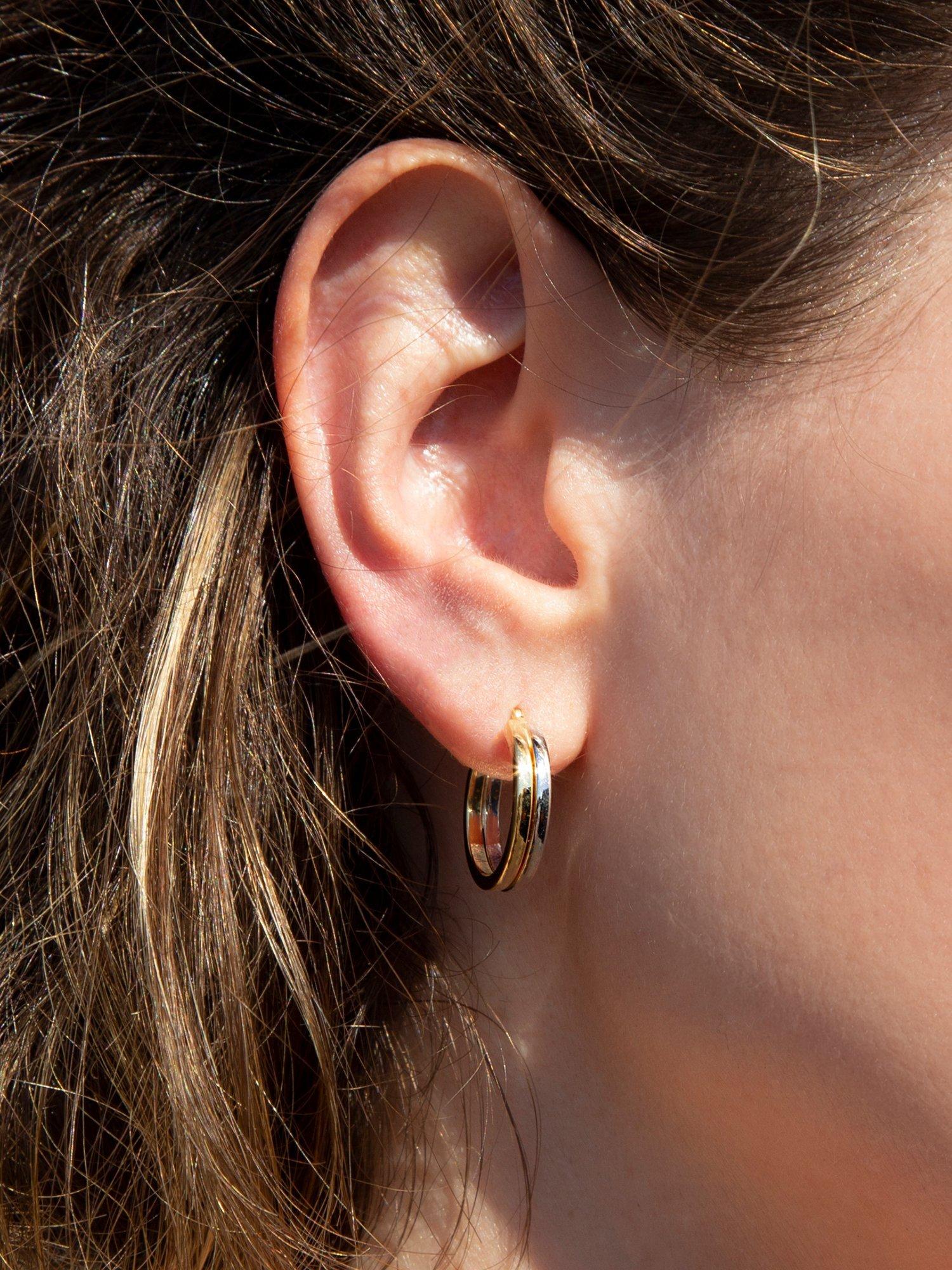 Product image 4 of 5, which shows IBB 18ct Two-Tone Gold Double Line Band Hoop Earrings, Gold/Silver