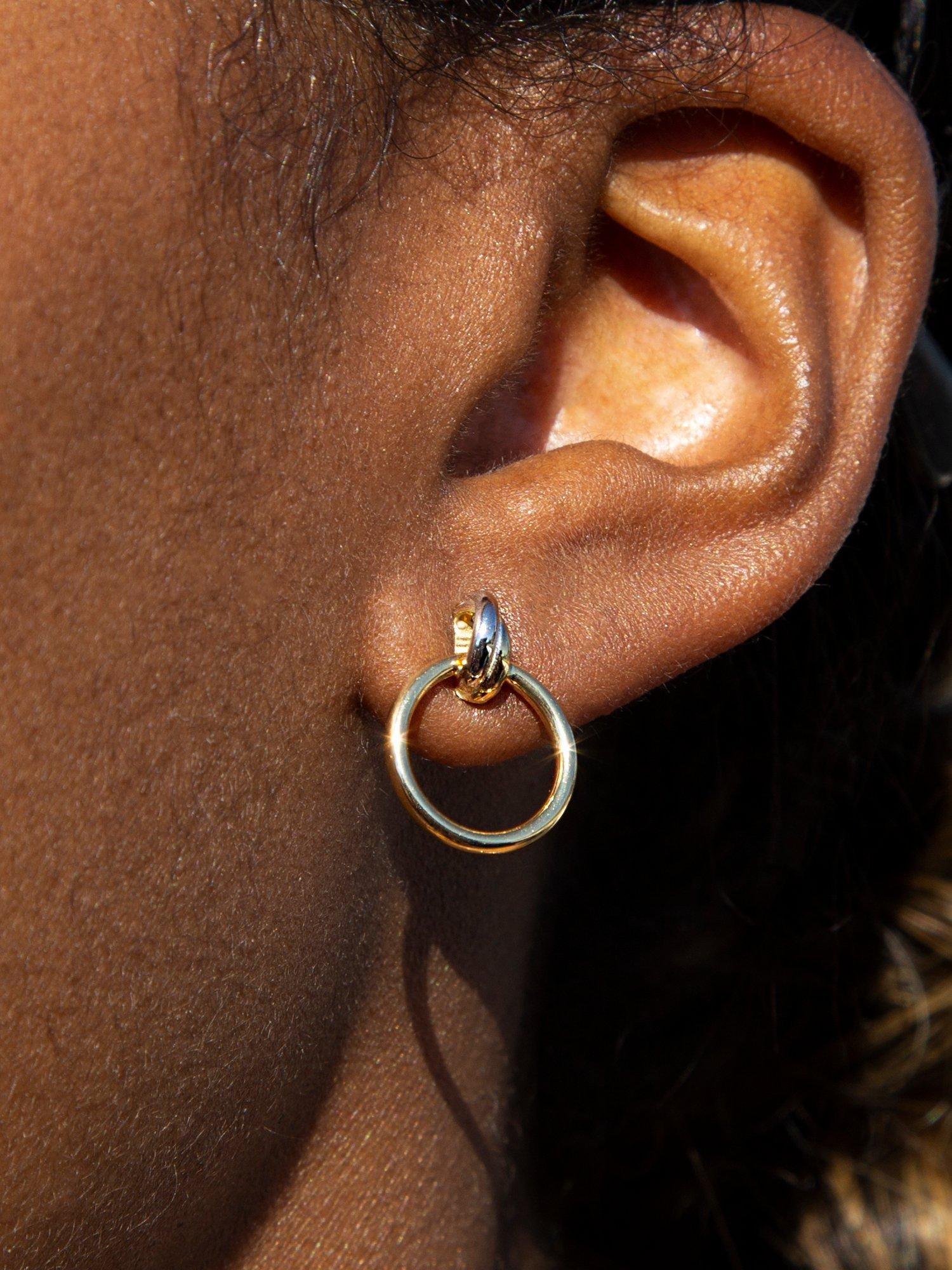 Product image 4 of 5, which shows IBB 18ct Two-Tone Gold Bail Circular Hoop Stud Earrings, Gold/Silver
