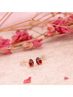 IBB 18ct Gold Enamel Ladybird Stud Earrings, Gold - view 2, Gold