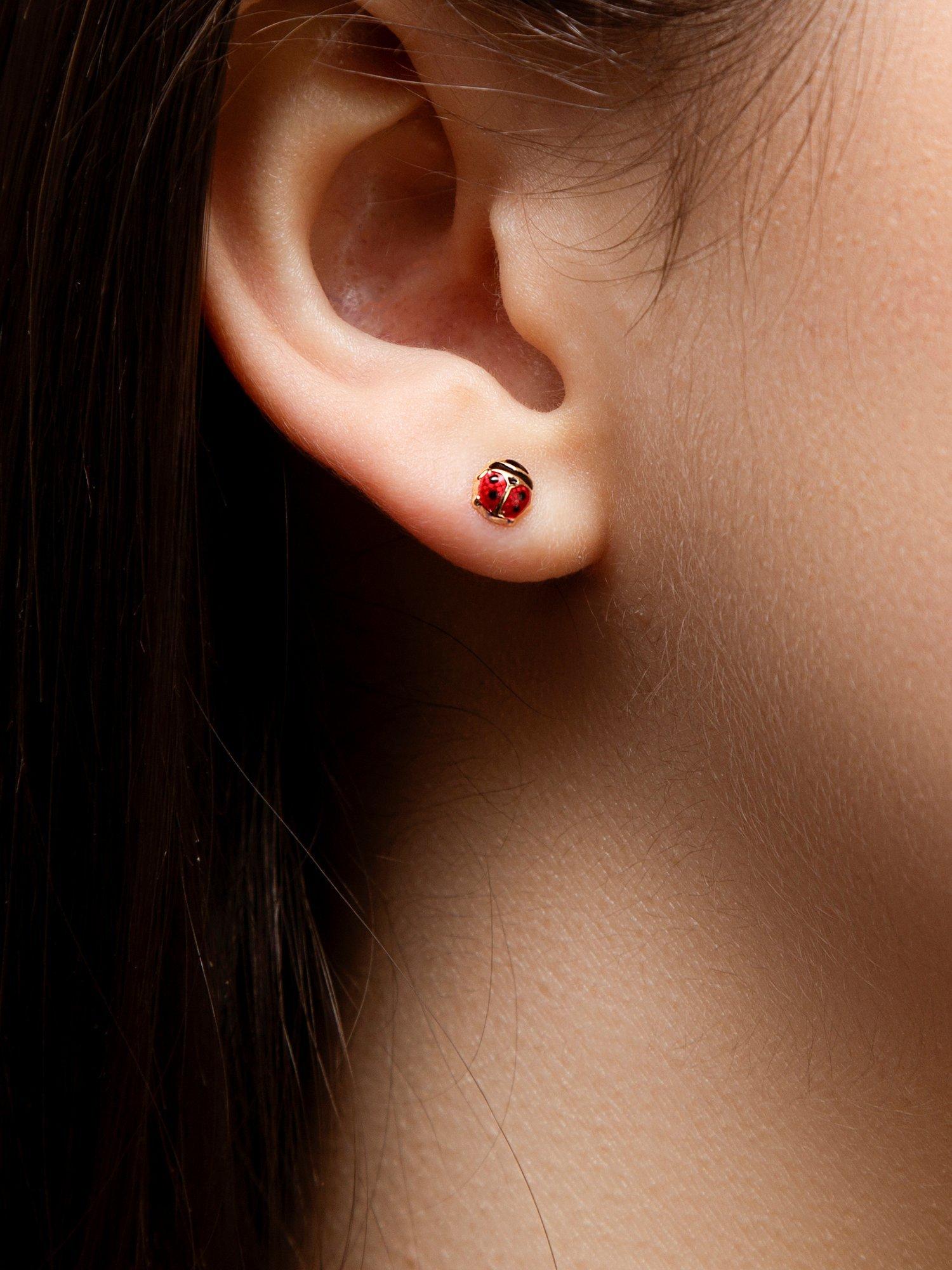 Product image 4 of 5, which shows IBB 18ct Gold Enamel Ladybird Stud Earrings, Gold