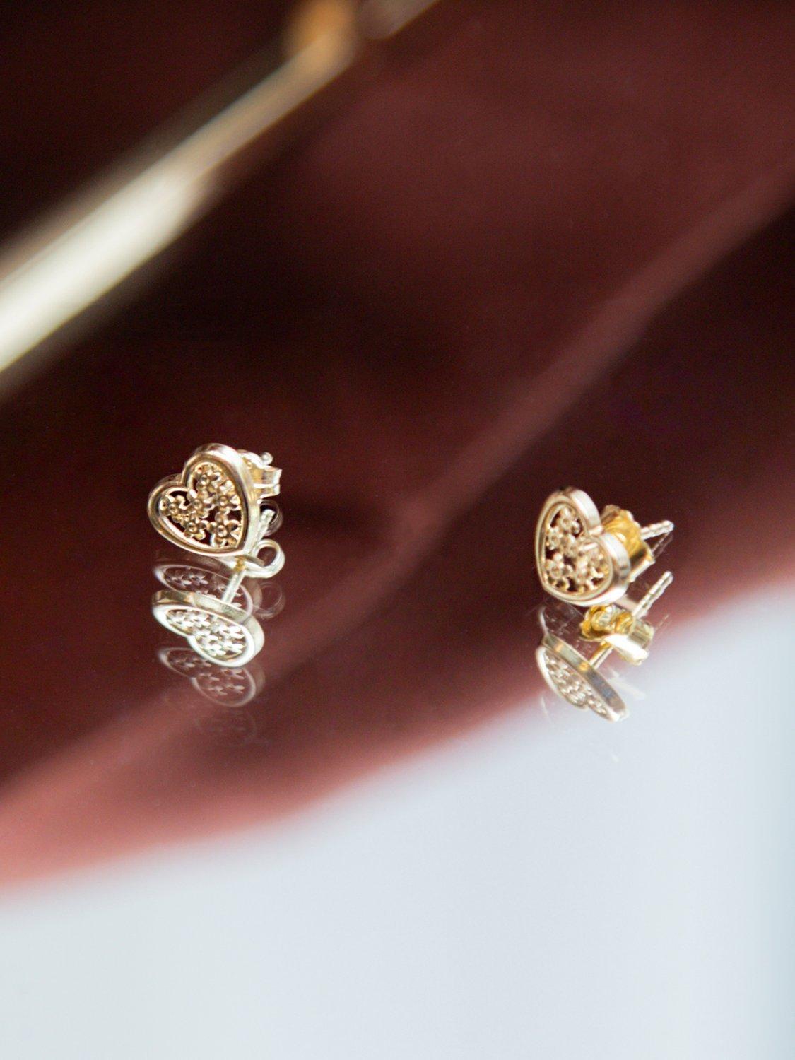Product image 2 of 5, which shows IBB 18ct Gold Flower Heart Stud Earrings, Gold