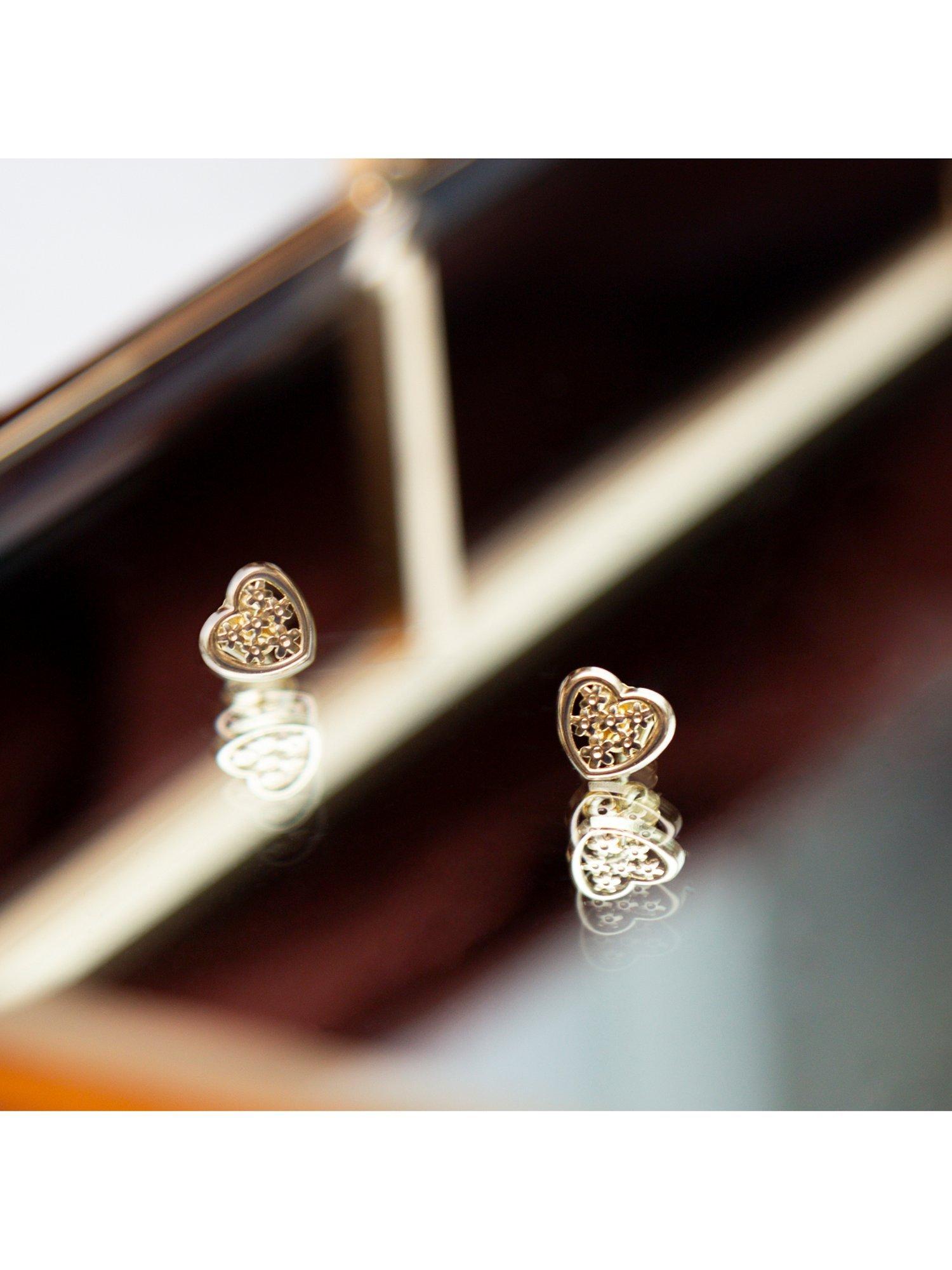 Product image 3 of 5, which shows IBB 18ct Gold Flower Heart Stud Earrings, Gold