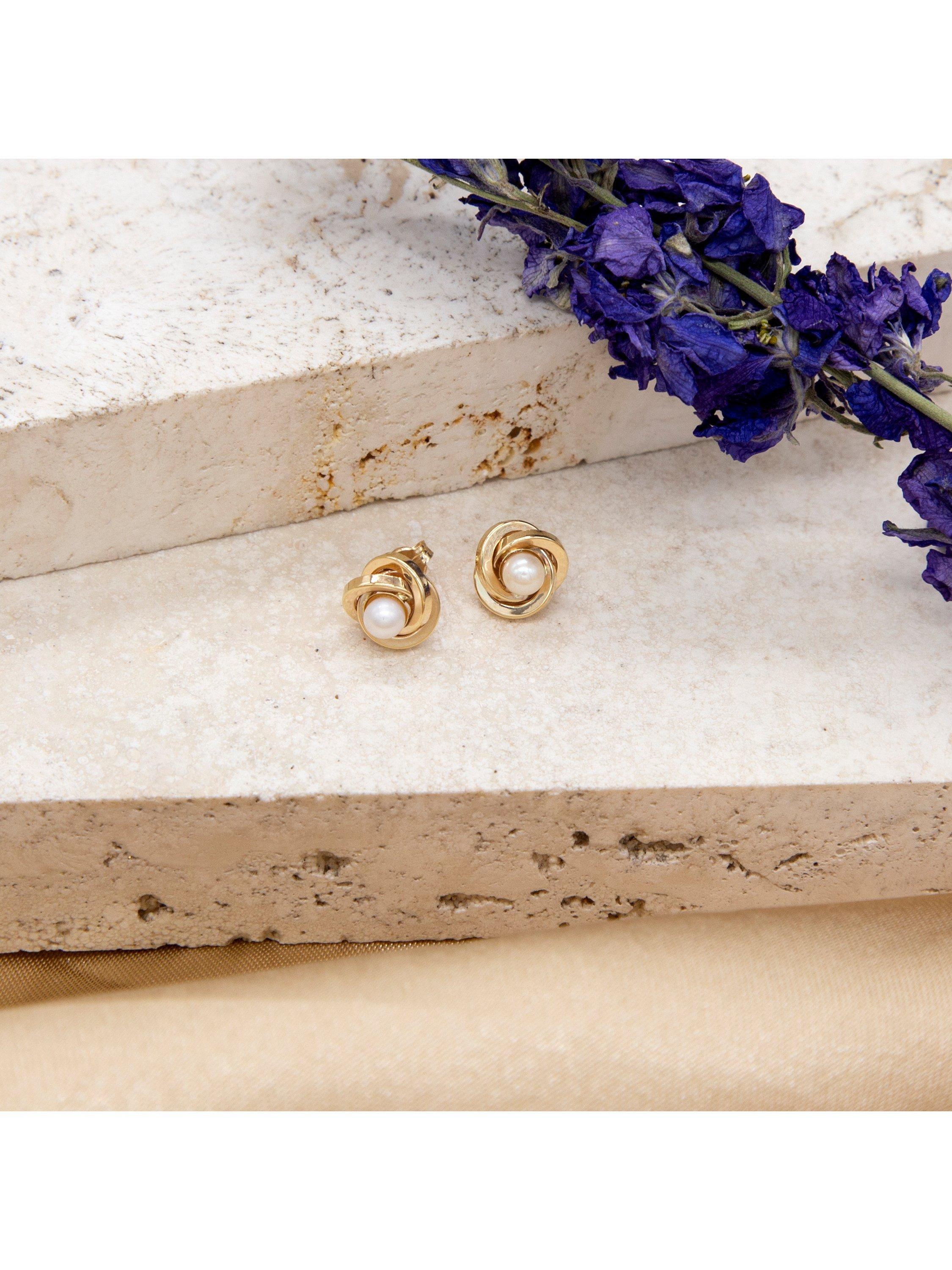 Product image 2 of 5, which shows IBB 18ct Gold Freshwater Pearl Knot Stud Earrings, Gold