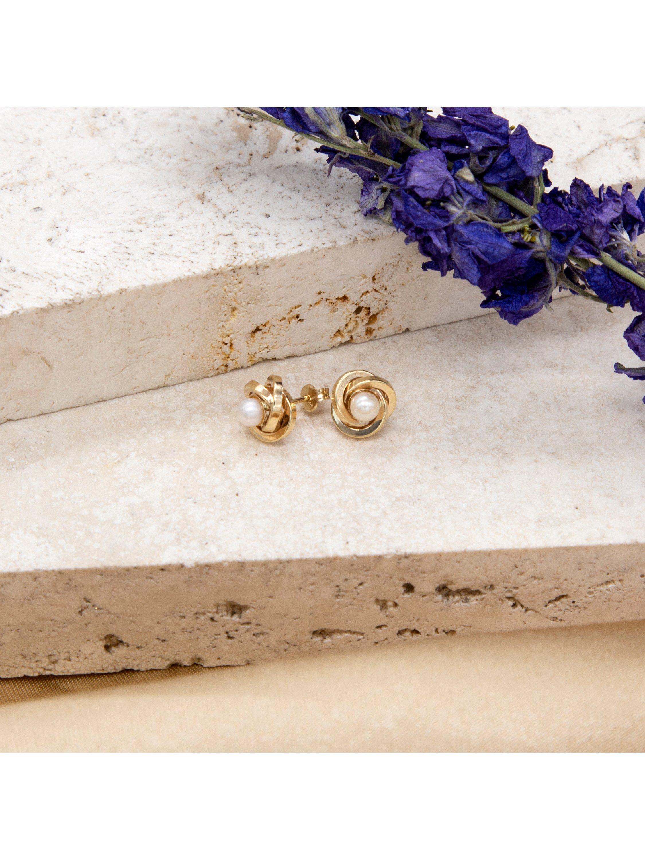 Product image 3 of 5, which shows IBB 18ct Gold Freshwater Pearl Knot Stud Earrings, Gold