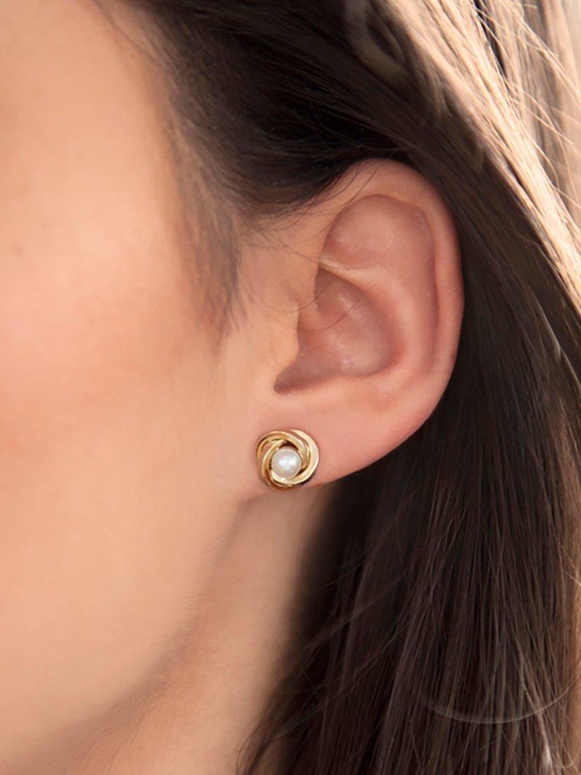 Product image 4 of 5, which shows IBB 18ct Gold Freshwater Pearl Knot Stud Earrings, Gold