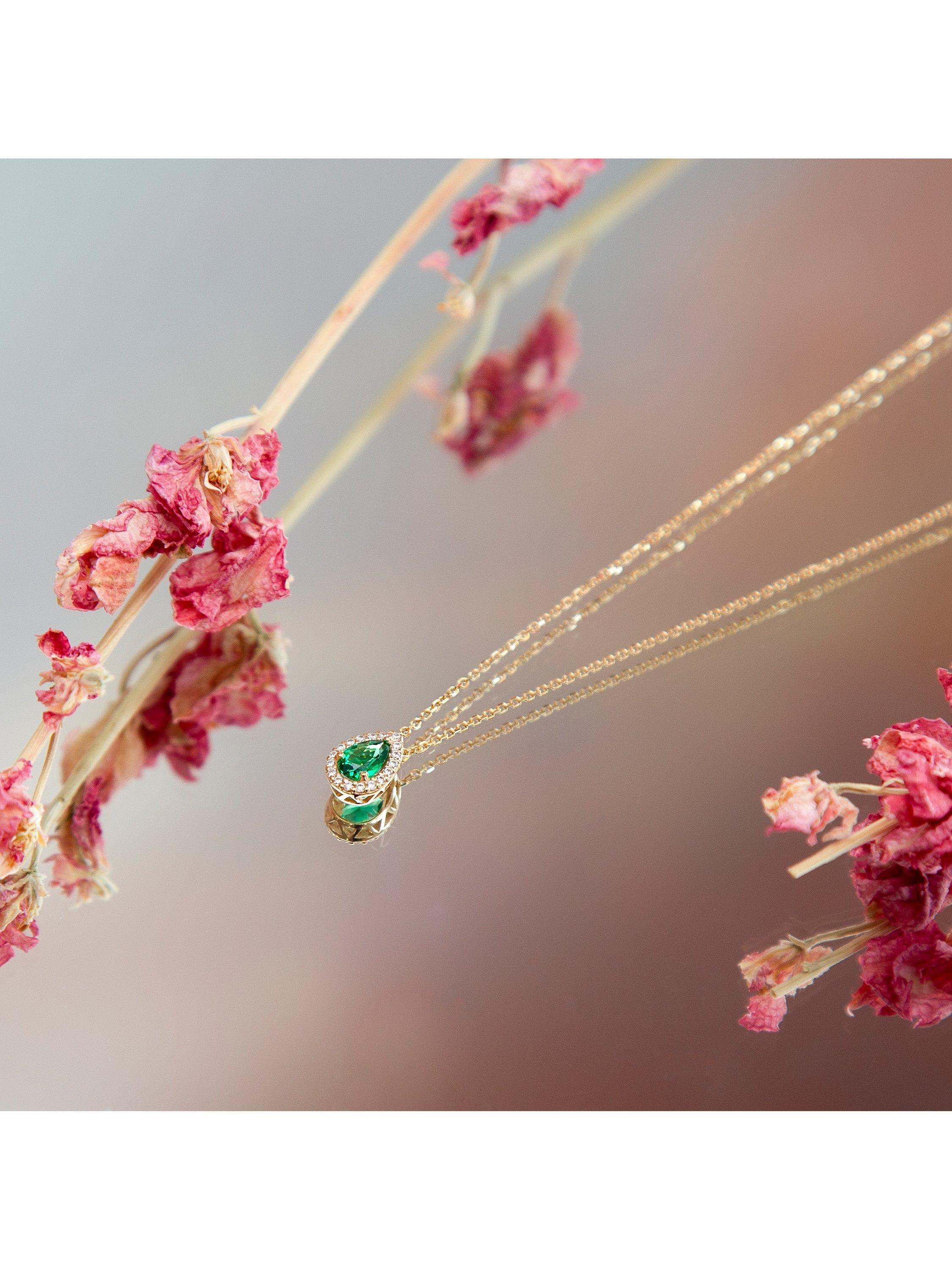 Product image 2 of 5, which shows IBB Cubic Zirconia Pear Halo Pendant Necklace, Gold/Green