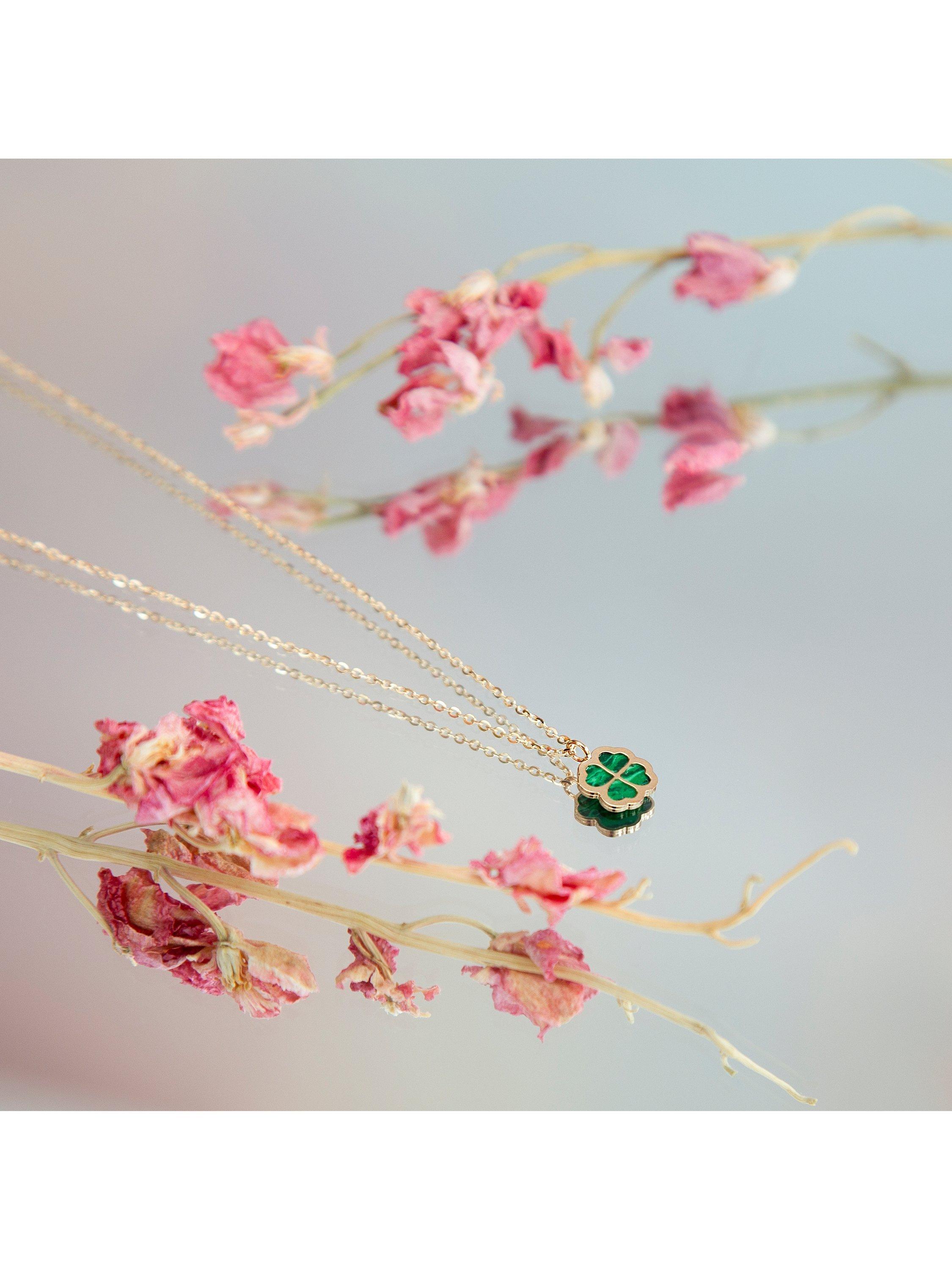 Product image 2 of 5, which shows IBB 9ct Gold Malachite Clover Pendant Necklace, Gold