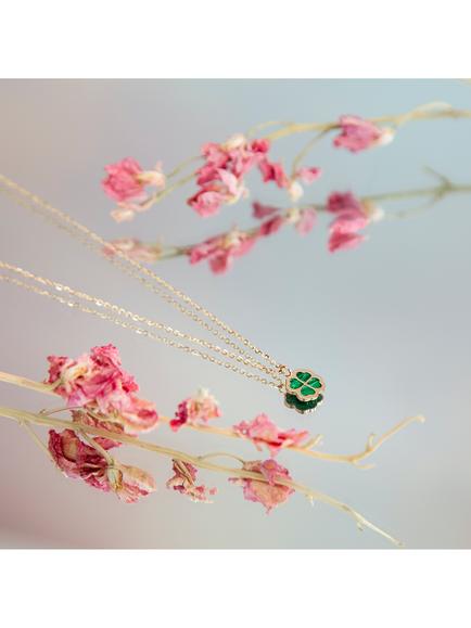 IBB 9ct Gold Malachite Clover Pendant Necklace, Gold - view 2, Gold