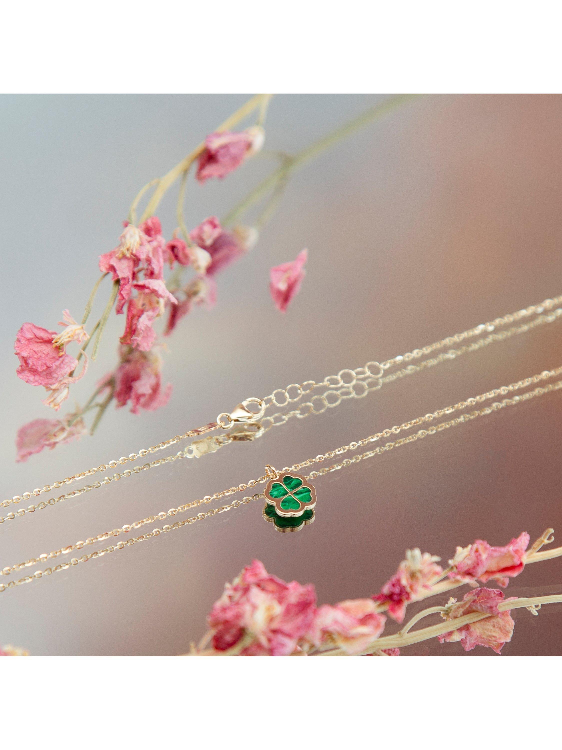 Product image 3 of 5, which shows IBB 9ct Gold Malachite Clover Pendant Necklace, Gold