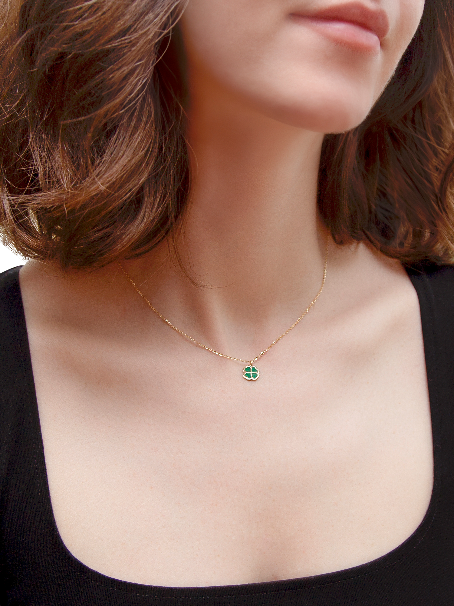Product image 4 of 5, which shows IBB 9ct Gold Malachite Clover Pendant Necklace, Gold