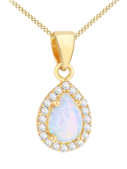 IBB 9ct Gold Cubic Zirconia Opal Teardrop Pendant Necklace, Gold, Gold