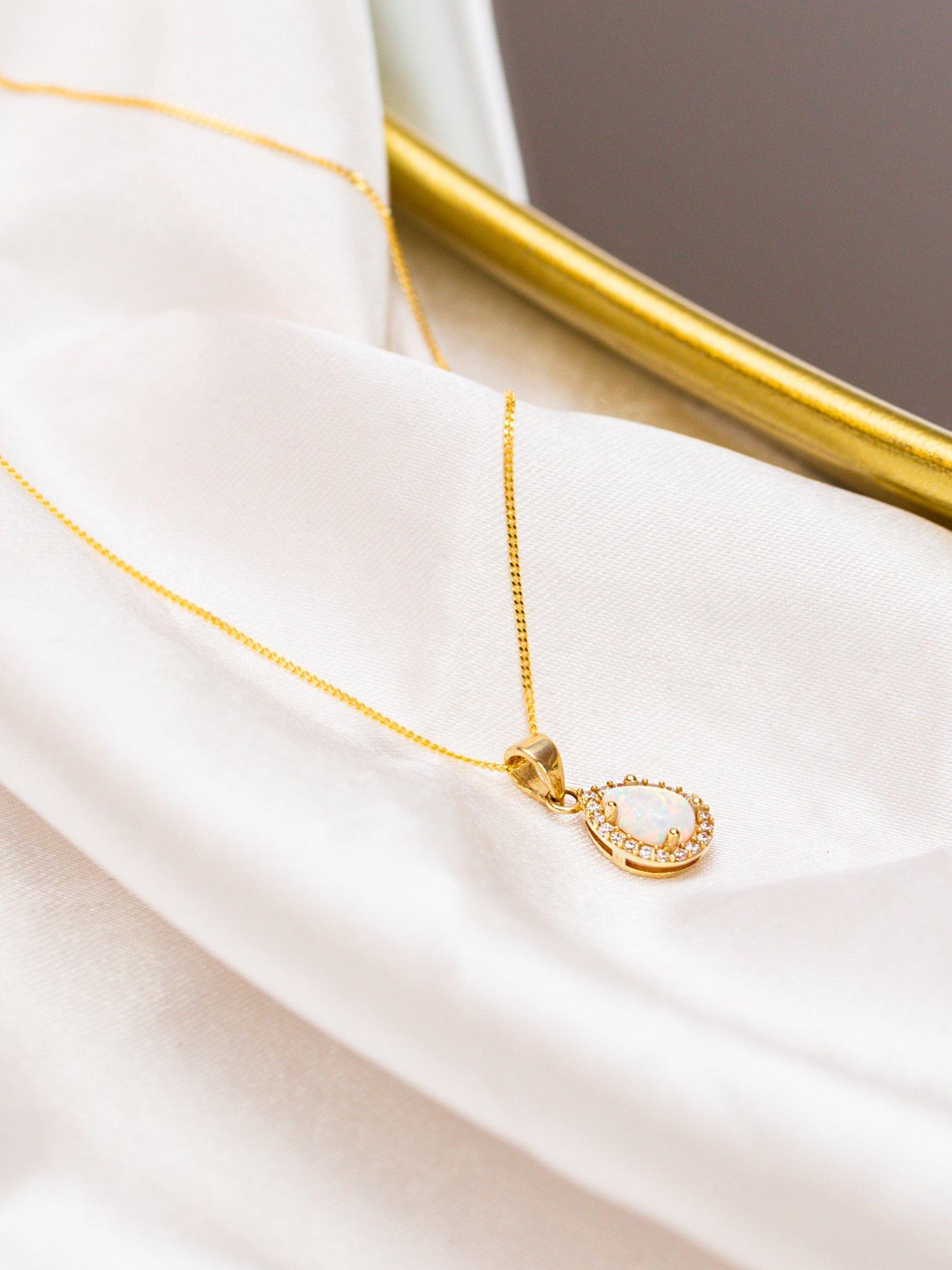 Product image 2 of 4, which shows IBB 9ct Gold Cubic Zirconia Opal Teardrop Pendant Necklace, Gold