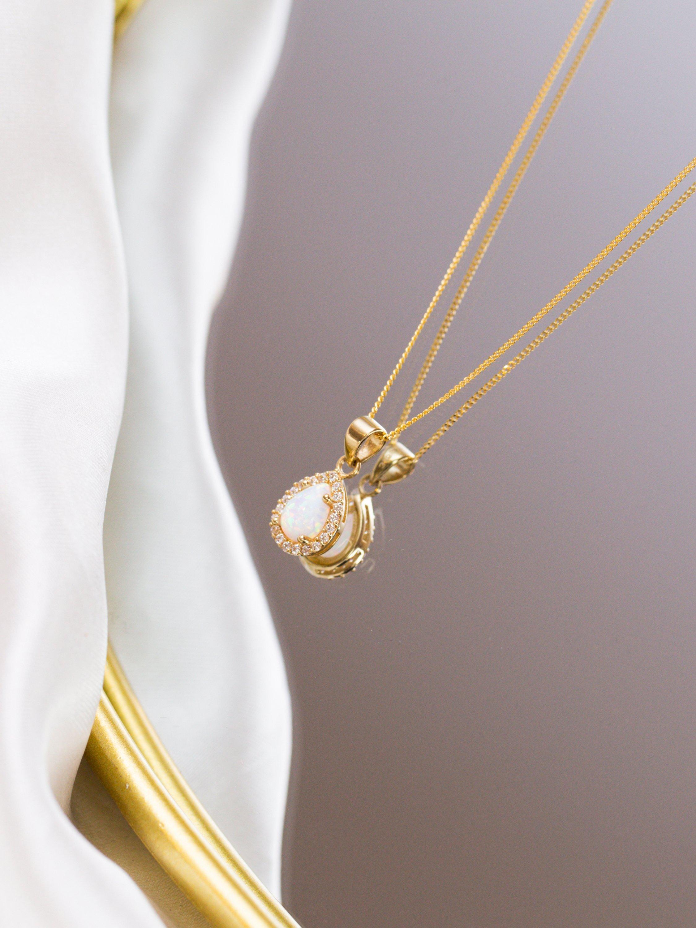 Product image 3 of 4, which shows IBB 9ct Gold Cubic Zirconia Opal Teardrop Pendant Necklace, Gold