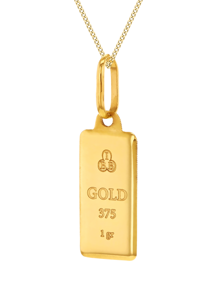 IBB 9ct Gold 1GR Ingot Pendant Chain Necklace, Gold, Gold