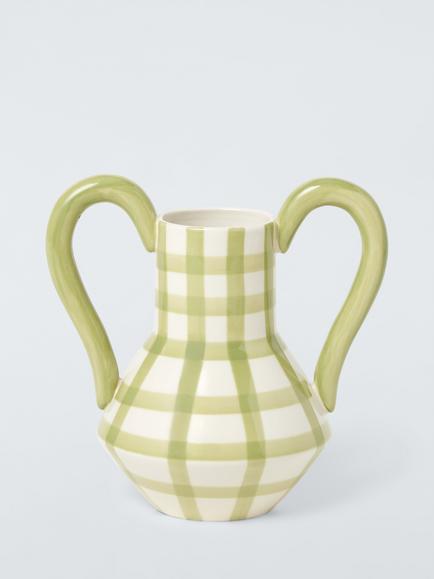 John Lewis Large Handled Hand Painted Check Ceramic Vase, H20cm, Green