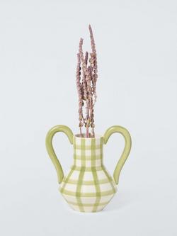 John Lewis Large Handled Hand Painted Check Ceramic Vase, H20cm - view 2, Green