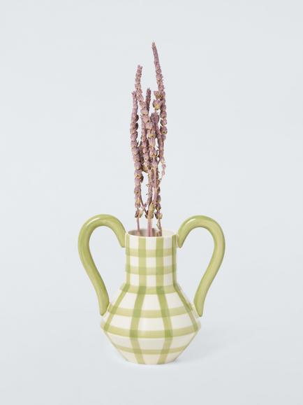 John Lewis Large Handled Hand Painted Check Ceramic Vase, H20cm - view 2, Green
