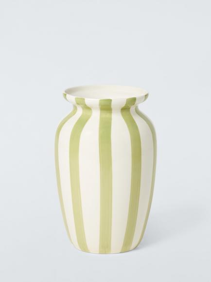John Lewis Hand Painted Striped Stoneware Vase, H26.5cm, Pistachio