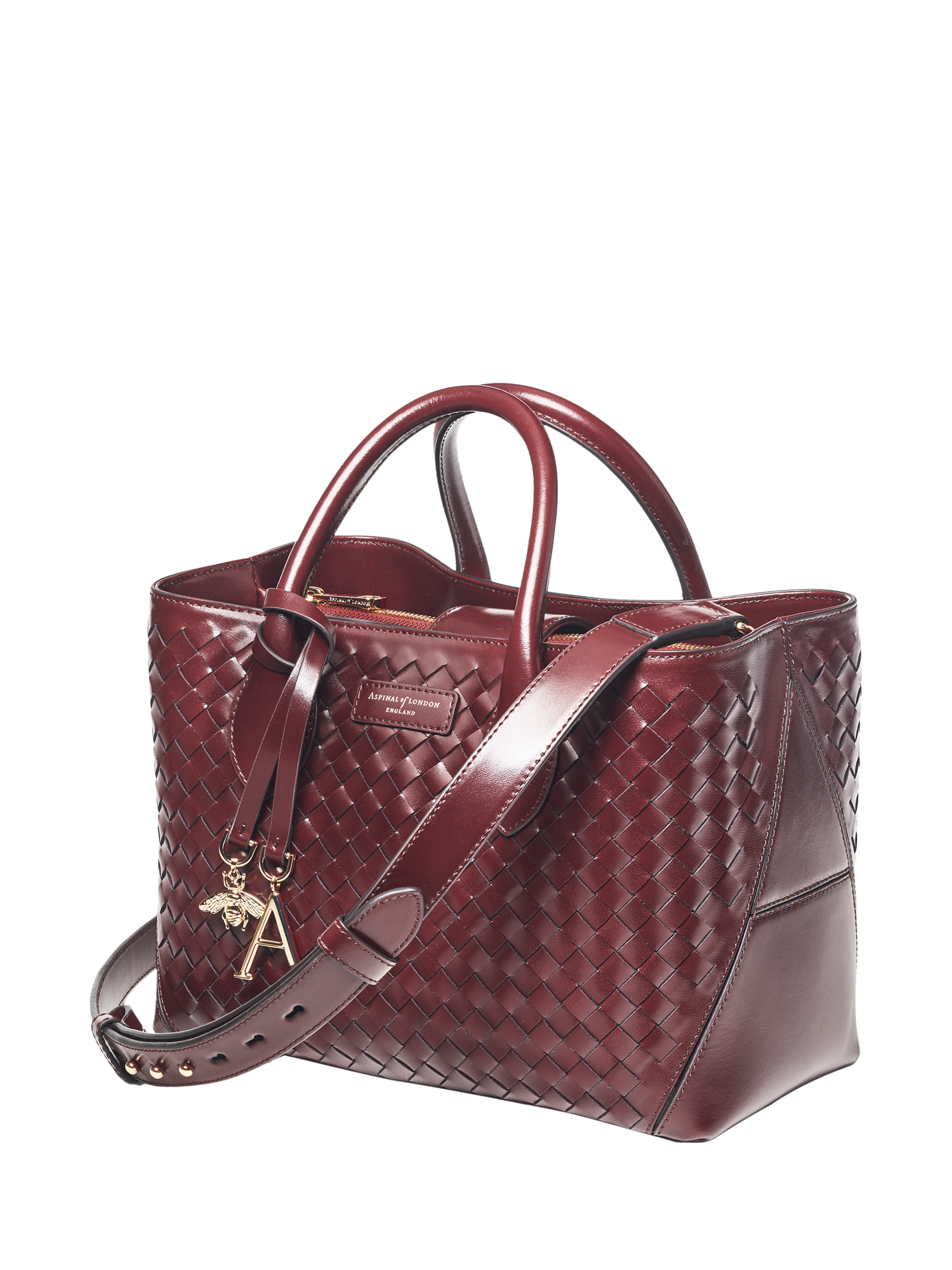 Product image 2 of 8, which shows Aspinal of London Slot Weave Leather London Midi Tote Bag, Burgundy