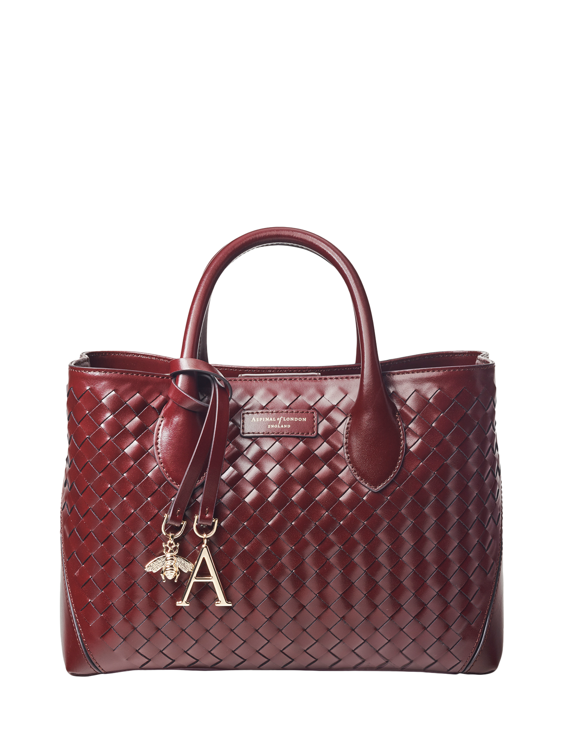 Product image 3 of 8, which shows Aspinal of London Slot Weave Leather London Midi Tote Bag, Burgundy