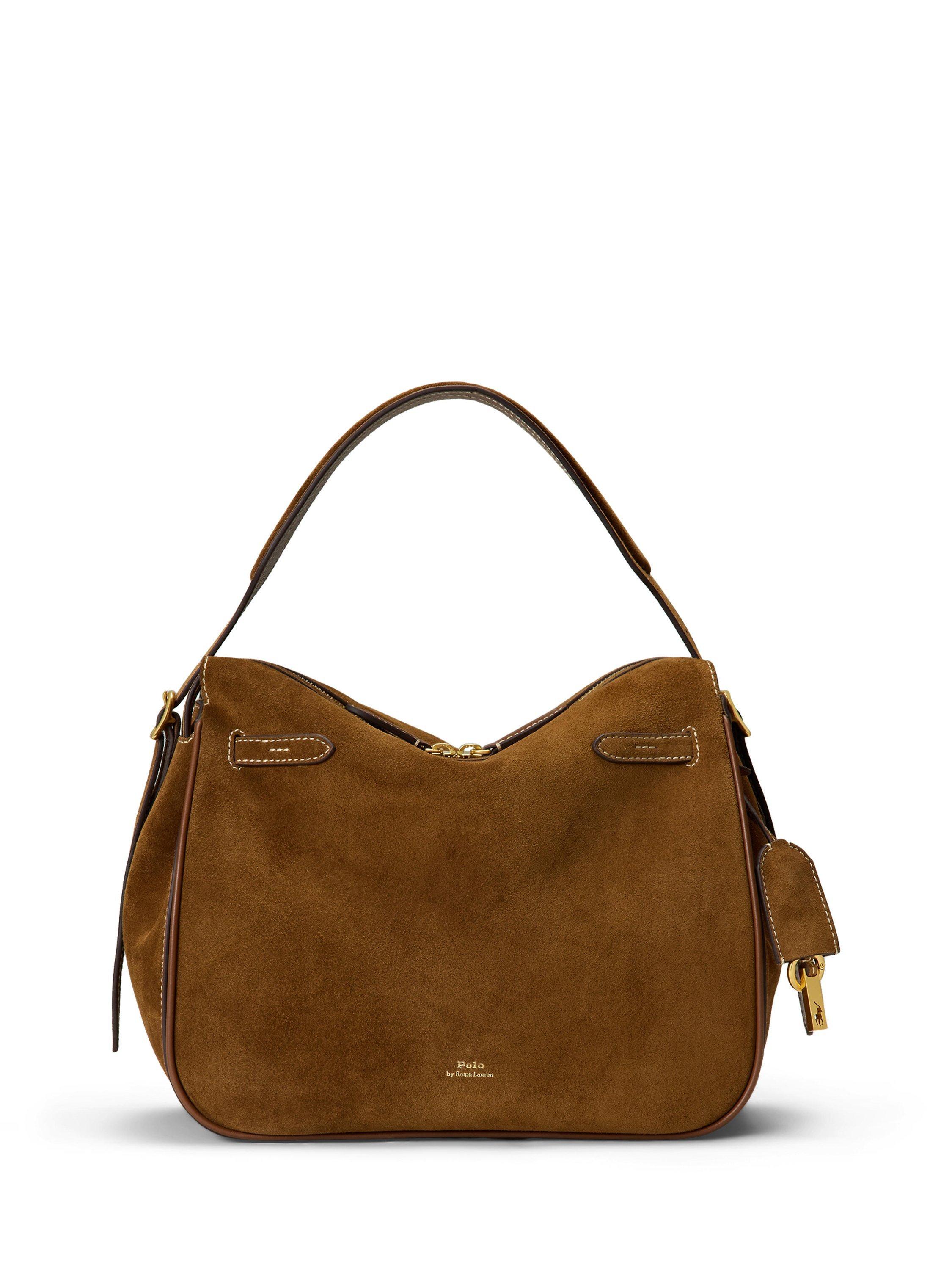 Product image 1 of 7, which shows Polo Ralph Lauren Polo ID Suede Satchel, Cinnamon/Cuoio