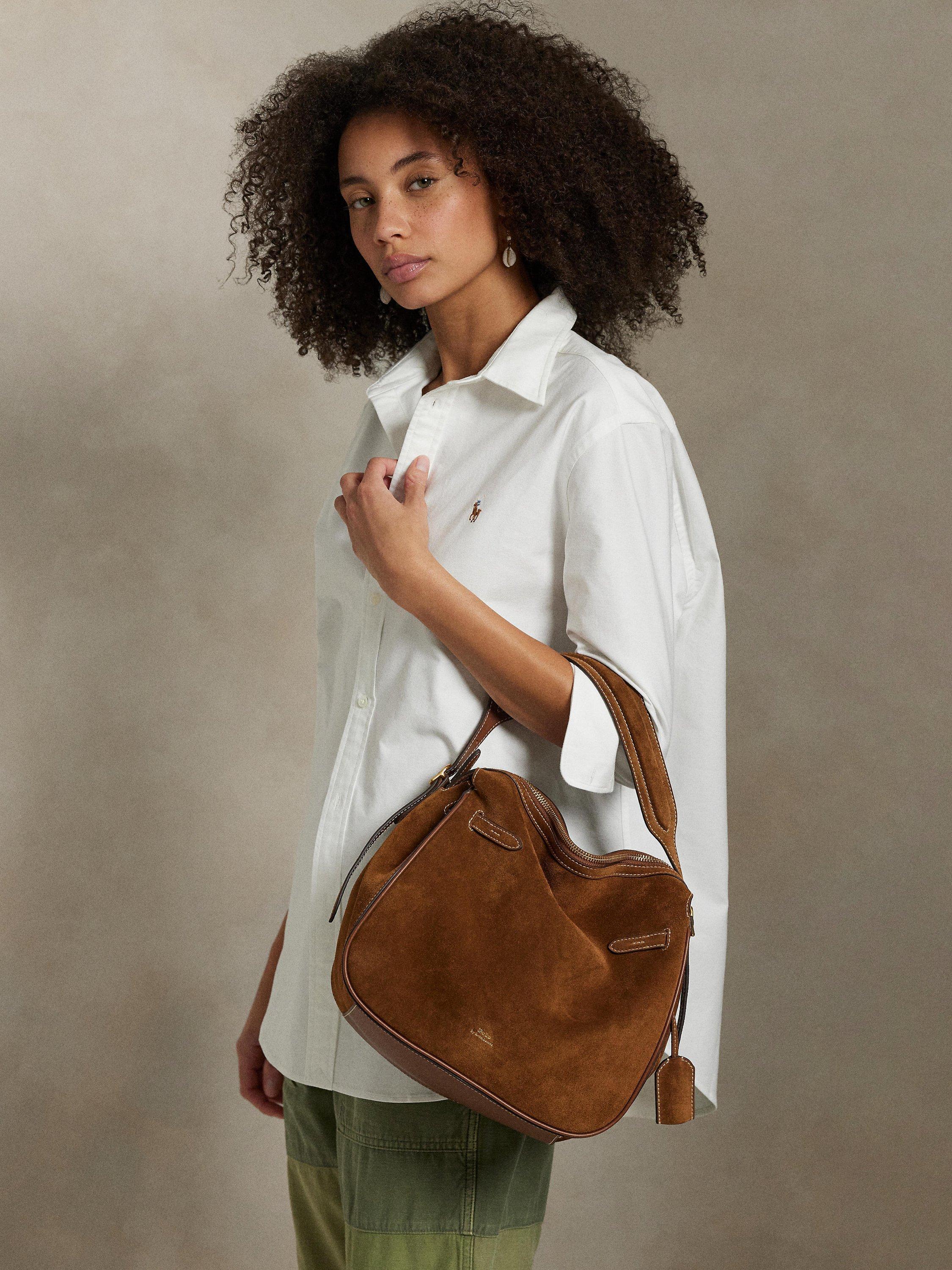 Product image 6 of 7, which shows Polo Ralph Lauren Polo ID Suede Satchel, Cinnamon/Cuoio