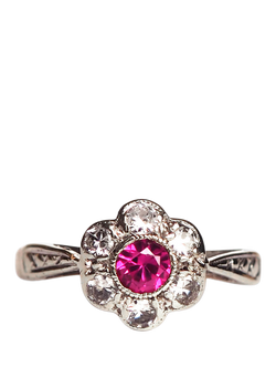 L & T Heirlooms Pre-Loved Rhodium Plated 9ct Yellow Gold Ruby and Cubic Zirconia Floral Cluster Ring, Multi