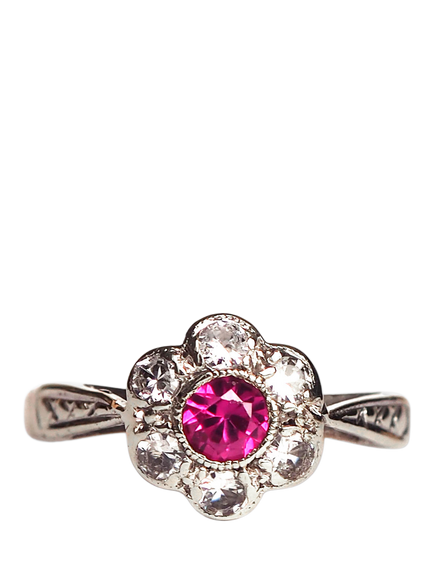 L & T Heirlooms Pre-Loved Rhodium Plated 9ct Yellow Gold Ruby and Cubic Zirconia Floral Cluster Ring, Multi