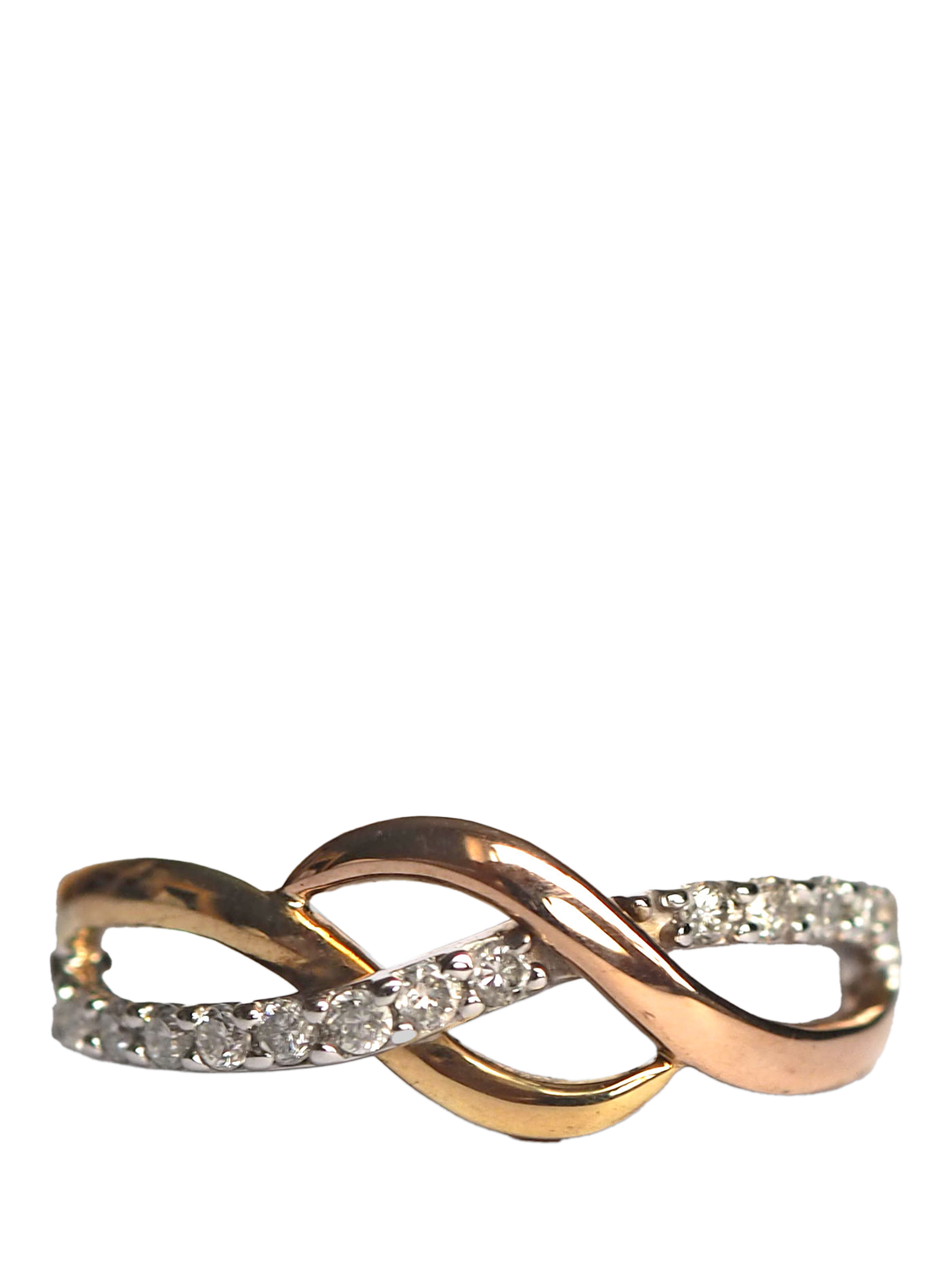 Product image 1 of 1, which shows L & T Heirlooms Pre-Loved 9ct Yellow, White and Rose Gold Diamond Crossover Ring