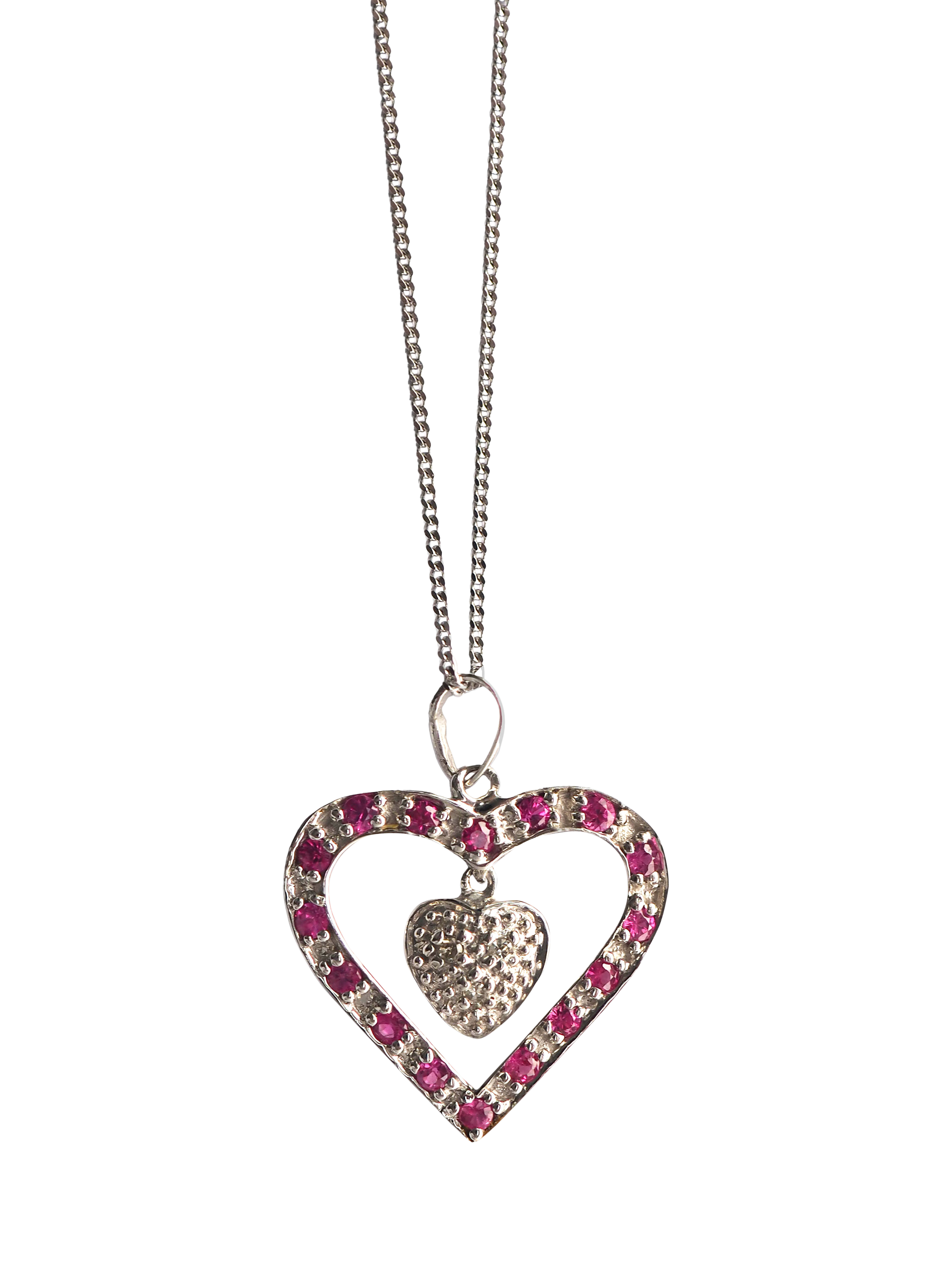 L & T Heirlooms Pre-Loved Diamond and Pink Sapphire Double Heart Pendant Necklace